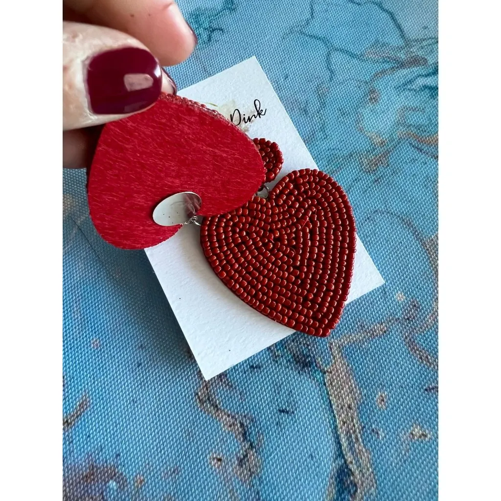 HEART Red Love Valentine Beaded Statement Earrings NEW - Image 3