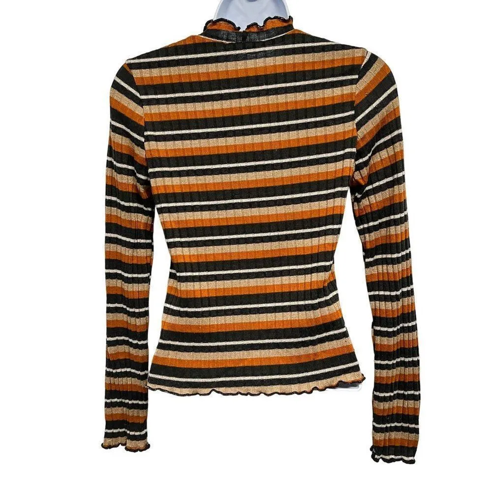 Gaze Retro Ribbed Metallic Striped Ruffle Hem Long Sleeve Fitted Top Shirt - Image 27