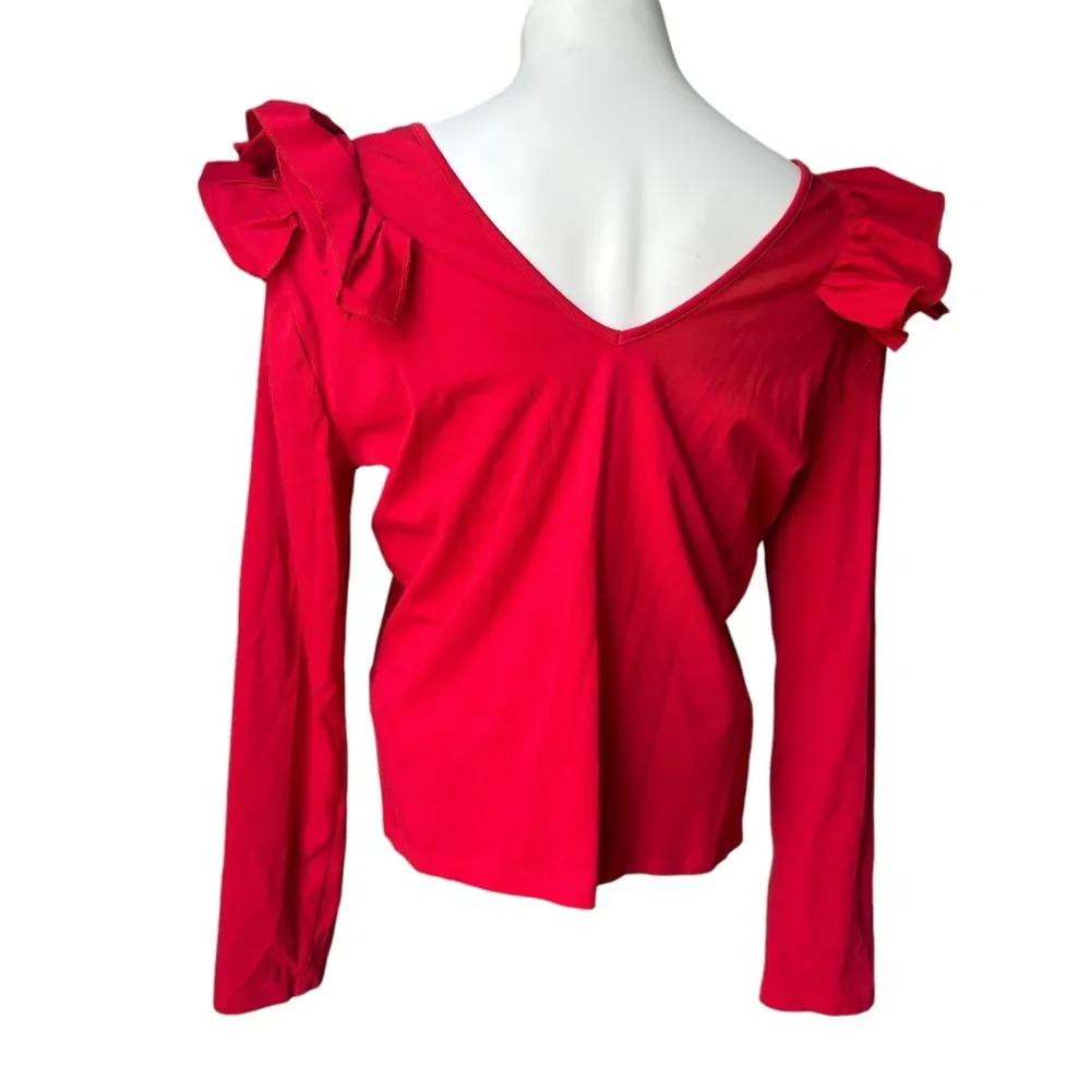 Drew Red V-Neck Shoulder Ruffle Long Sleeve Shirt, Sz L - Image 6