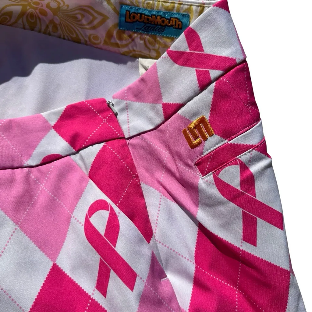 Loudmouth Ladies Pink Ribbon Golf Mini Skirt Lined Side Zip Size 10 Pink White - Image 3