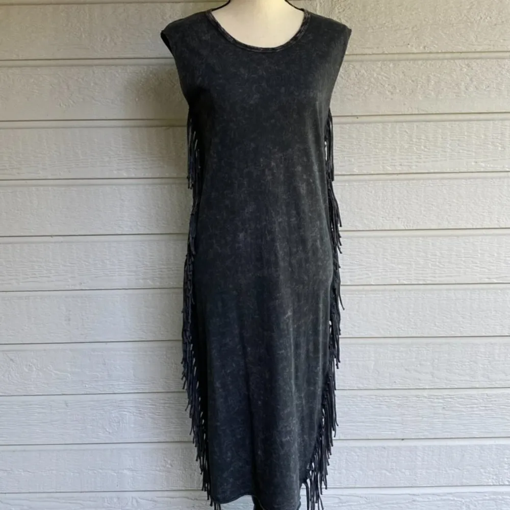 American Age Acid Wash Fringe Midi Dress Sleeveless Dark Gray Size Small - Image 2