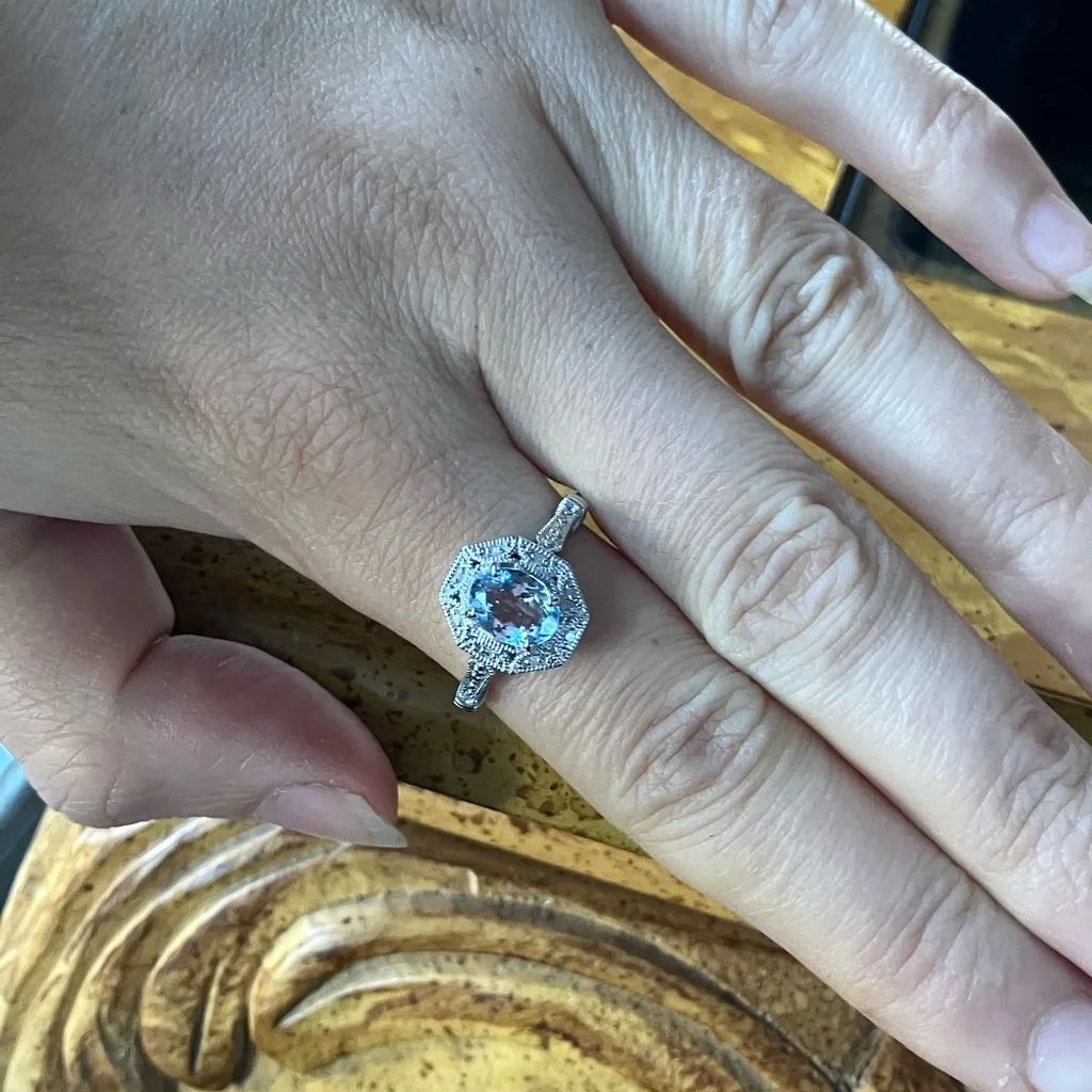 Natural Aquamarine White Diamond Sterling Silver Art Deco Ring Size 9.75 - Image 4