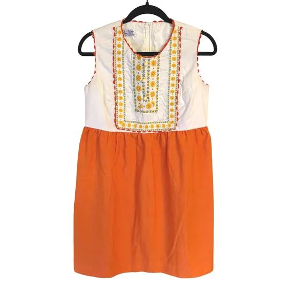 Vintage 60s Orange Embroidered Cottagecore Midsommar Cutesy Floral Mini Dress - Image 2
