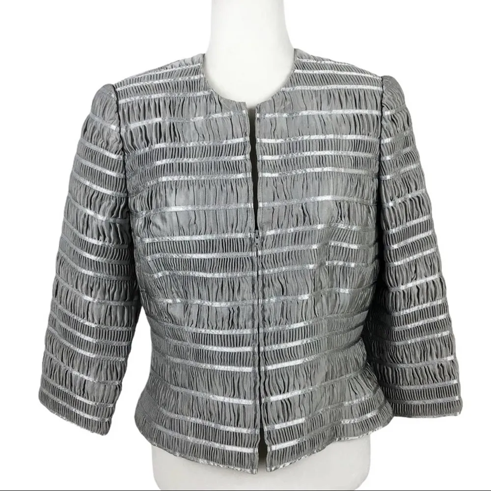 Carmen Marc Valvo Silver Zip Front Shirred Party Cocktail Wedding Jacket Sz 12 - Image 16