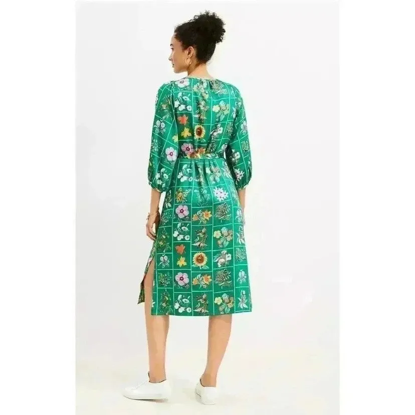 LOFT Green Floral Bird Butterfly Garden Puff Sleeve Shift Midi Dress Sz.M NWT - Image 2