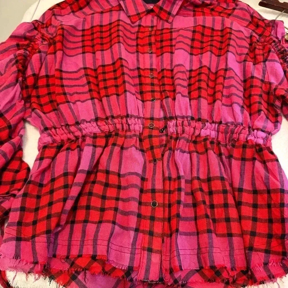 Free People pacific dawn red plaid button down shirt s - Image 10