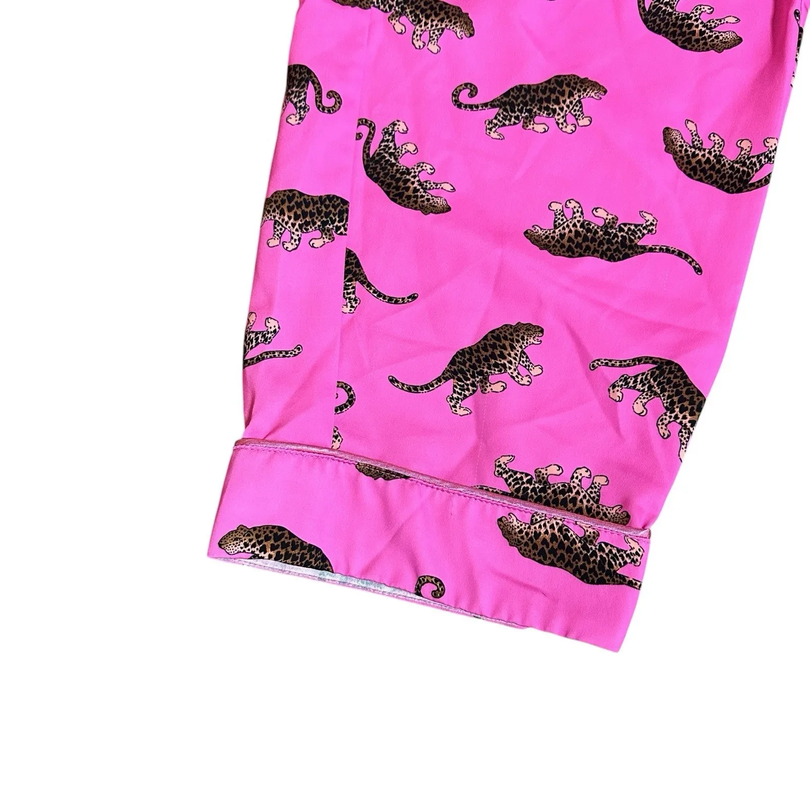 Fabletics EcoSatin Pink Leopard Print Pajama Set Crop Pant Button Down Top Sz S - Image 2