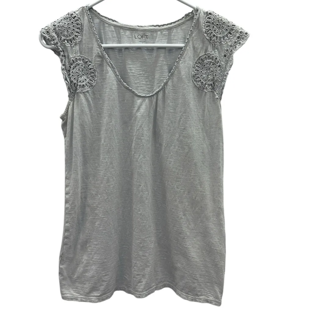 Cotton Ann Taylor Loft Pale Blue Gray Crochet Lace Cap Sleeve Scoop Neck Size M - Image 8