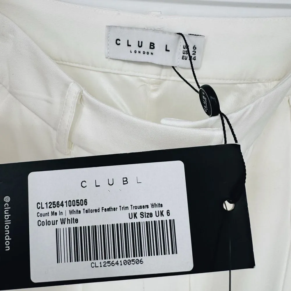 Club L London Count Me In White Tailored‎ Feather Trim Trousers Sz 2 NWT - Image 10