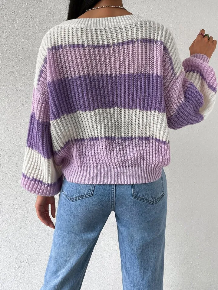 SheIn Purple Striped Drop Shoulder Sweater  - Image 3
