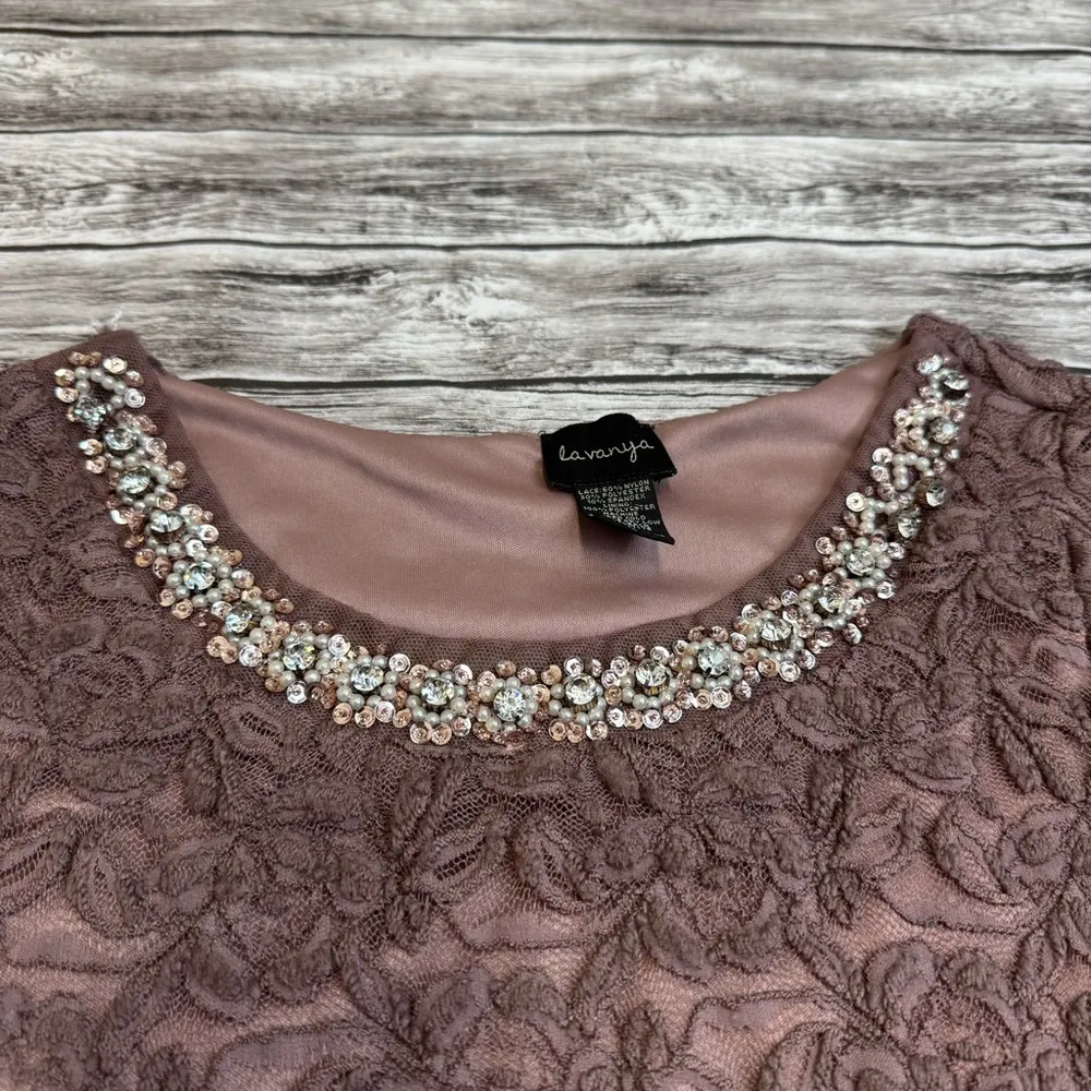 la vanya Women's Lace Overlay Jeweled Neck Tee T Shirt S SM Small Purple Stretch - Image 3