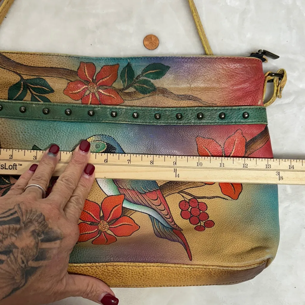 Anna Hand Painted Leather Crossbody Messenger Flap Bag with built in wallet like - Image 10