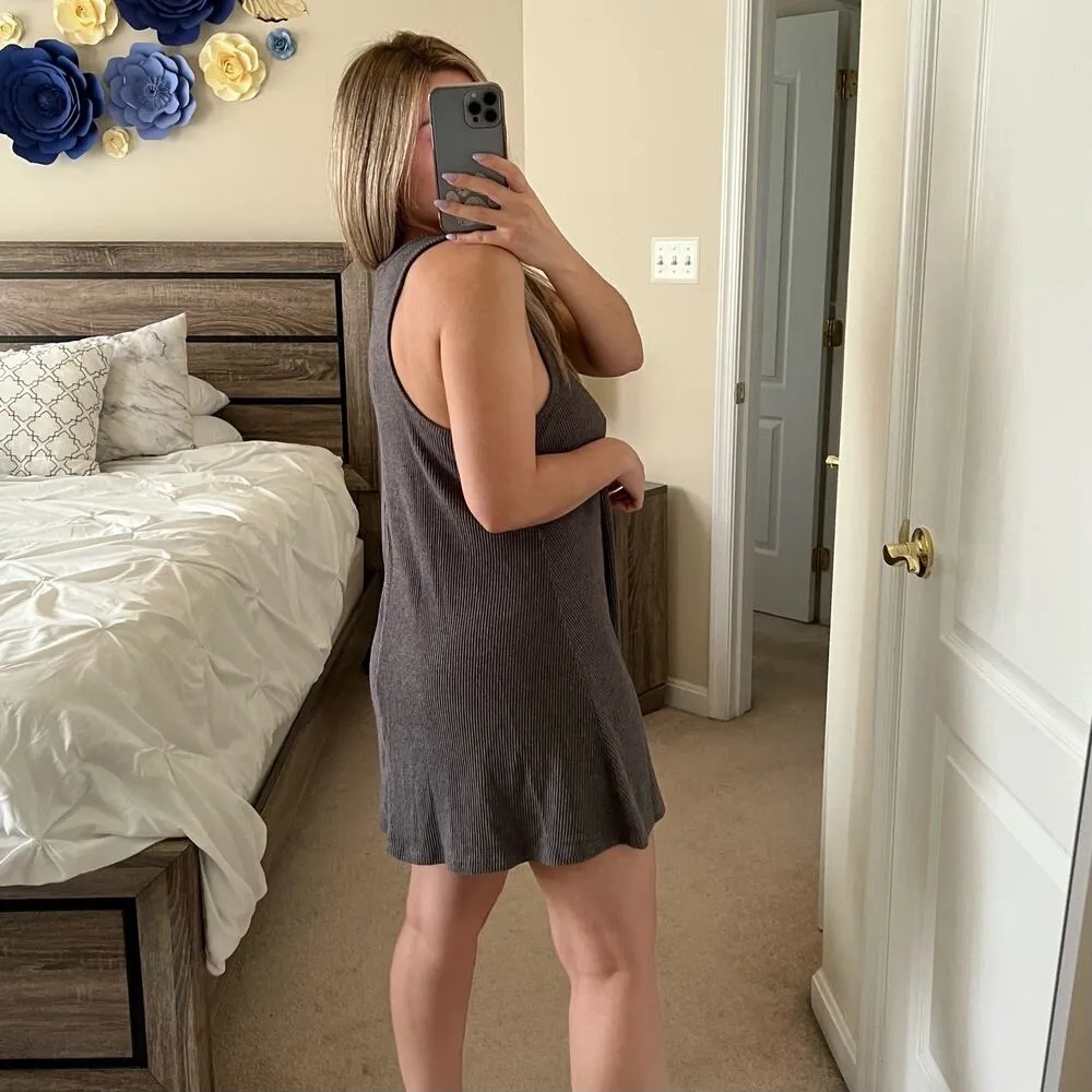 Gray Ribbed Sleevless T-Shirt Dress OS Minimal Basic - Image 5