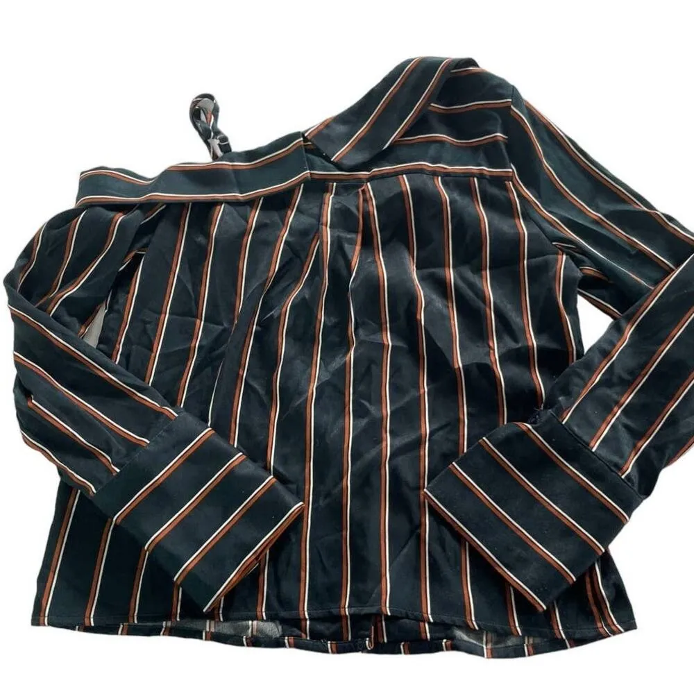 J.O.A Los Angelos Top Women Small Black Striped Cold Shoulder Asymmetric - Image 4