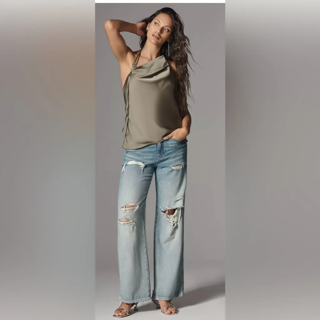 ANTHROPOLOGIE ASYMMETRIC HALTER TOP XL silk/satin look olive / khaki green nwt - Image 3