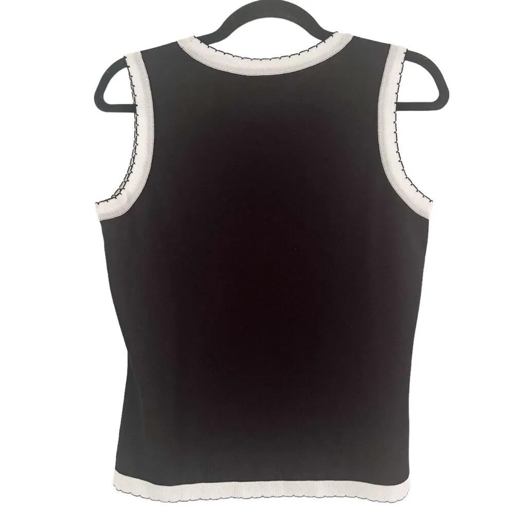 Misook Black Knit White Trim Preppy Academia Dressy Tank Top Sz Medium Petite - Image 2