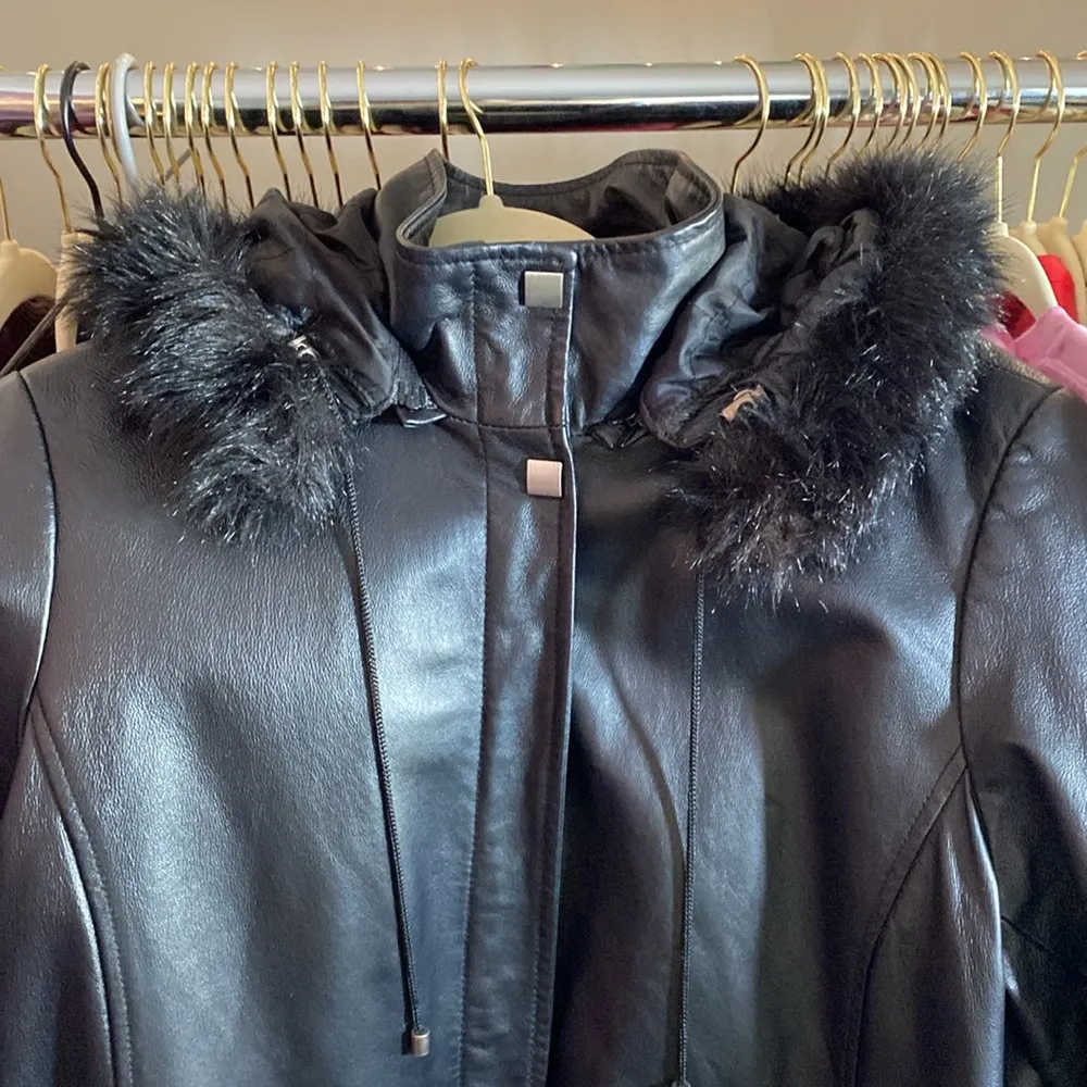 Massini Vtg Leather Jacket - L Hooded, Faux Fur Black Full Zip - Image 2