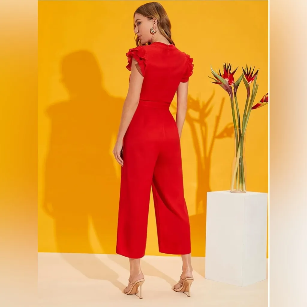 Layered Ruffle Cap Sleeve Notched V Neck Belted Jumpsuit‎ Red Size L - Image 2