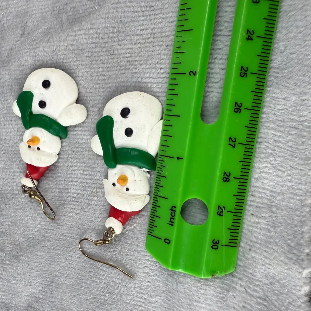 Snowman Christmas Earrings White Green Polymer Clay Dangly Hook Festive Jewelry - Image 9