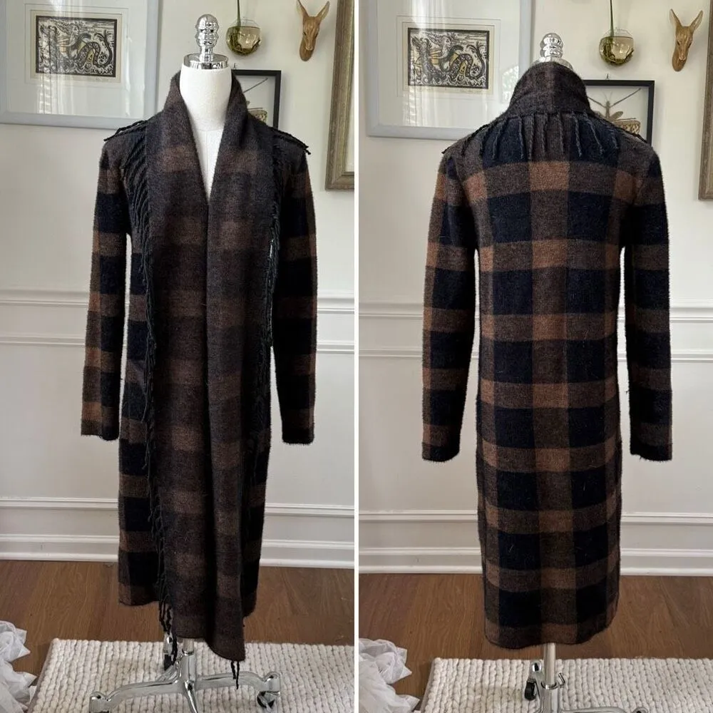 Lysse Alice Fringe Cardigan Sweater Coat Brown Black Buffalo Check $198 XXS XS S - Image 2