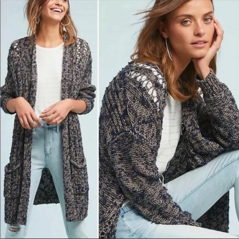 Anthropologie Akemi Kin Open Knit Cardigan Sweater Sz XS Navy Gold Metallic - Image 2