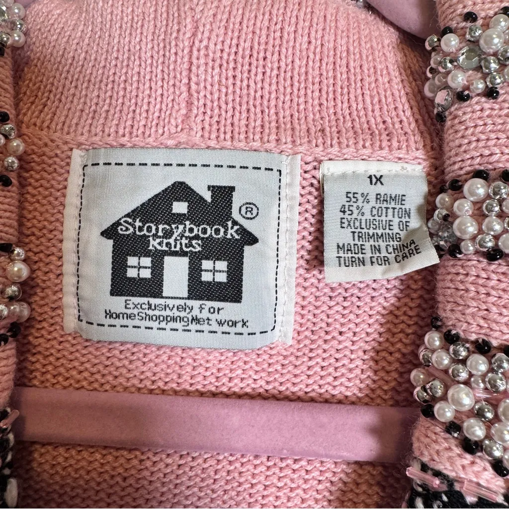 Vintage Storybook Knits Pink Black Cardigan Sweater Womens 1X Rhinestone Pearl - Image 9