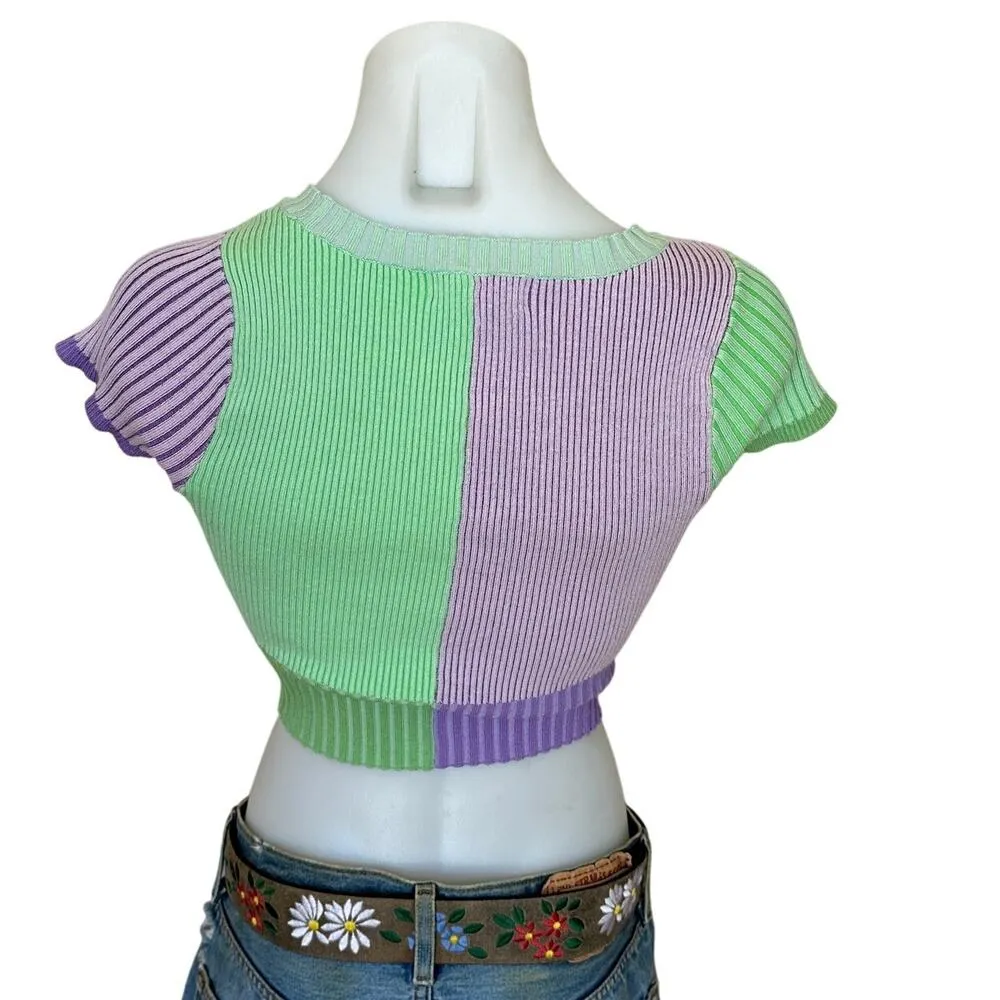 Pastel Crop Knit Top SMALL Short Sleeve Spring Bodycon Preppy Purple Green Y2K - Image 3