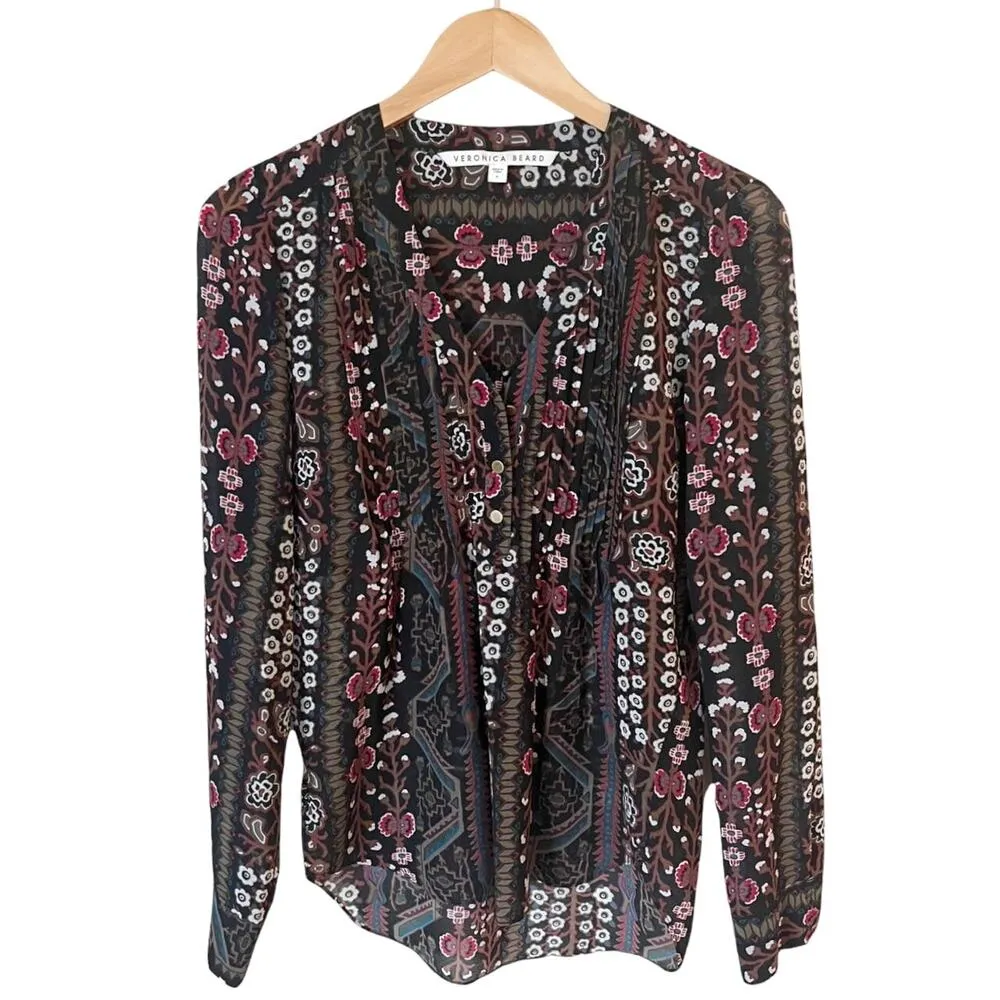 VERONICA BEARD Lowell Blouse Floral Paisley Black Brown Sheer Top Long Sleeves 4 - Image 10
