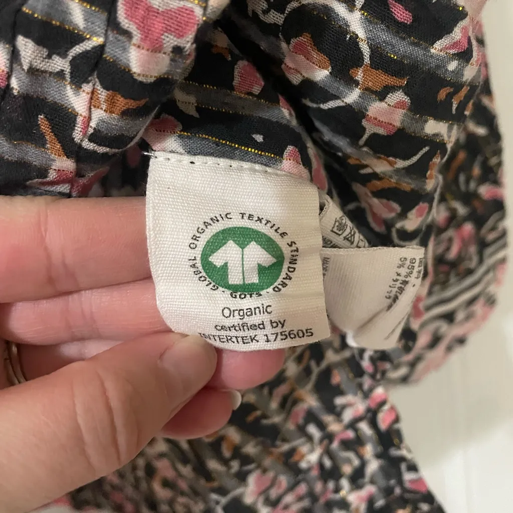 Cleobella Brynlee Black Pink Floral Top Blouse L Organic Cotton Split Frill Boho - Image 4