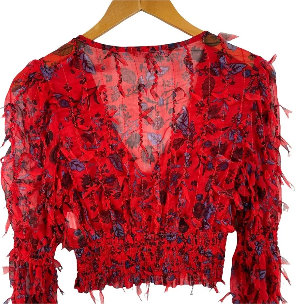 Red Floral Smocked Sheer Blouse Zara Fringing Cropped Top Long Sleeve Size XS - Image 16