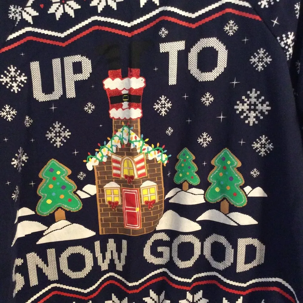 Ugly Sweater Christmas Winter "Up to snow good" blue gingerbread house trees Size L - Image 2