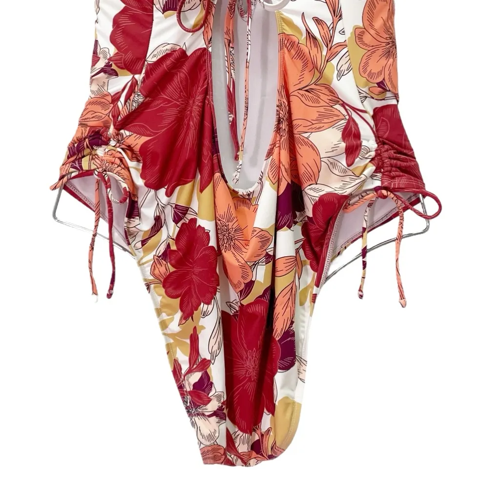 Mynah Floral One Piece Swimsuit Size XXL Plunge V Neck Tie Back Rust Pink Yellow Red - Image 9