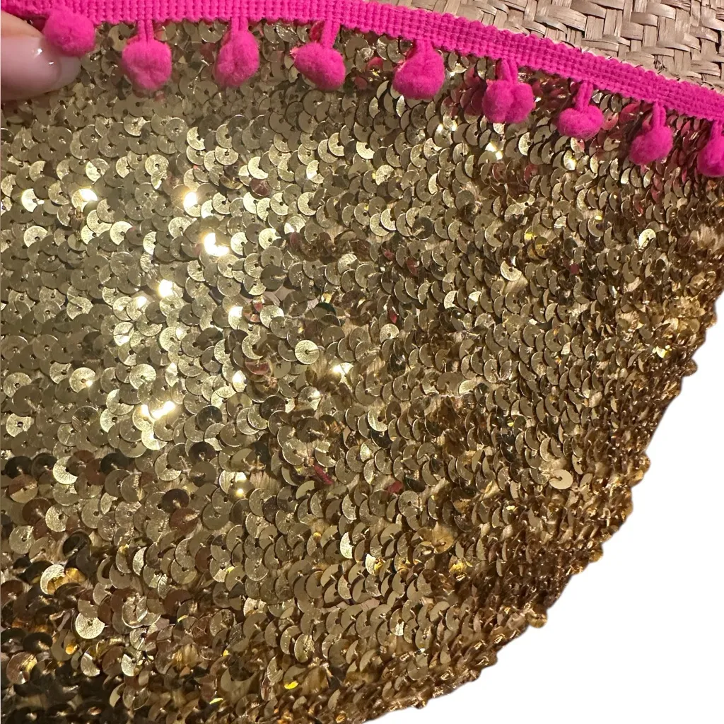 NATURAL LIFE WICKER STRAW WOVEN SEQUINED PINK POM POM TOTE BEACH BASKET BAG - Image 4