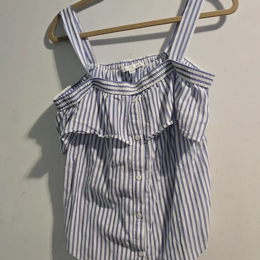 Veronica Beard Light Blue Striped Cold-Shoulder Blouse - Image 4