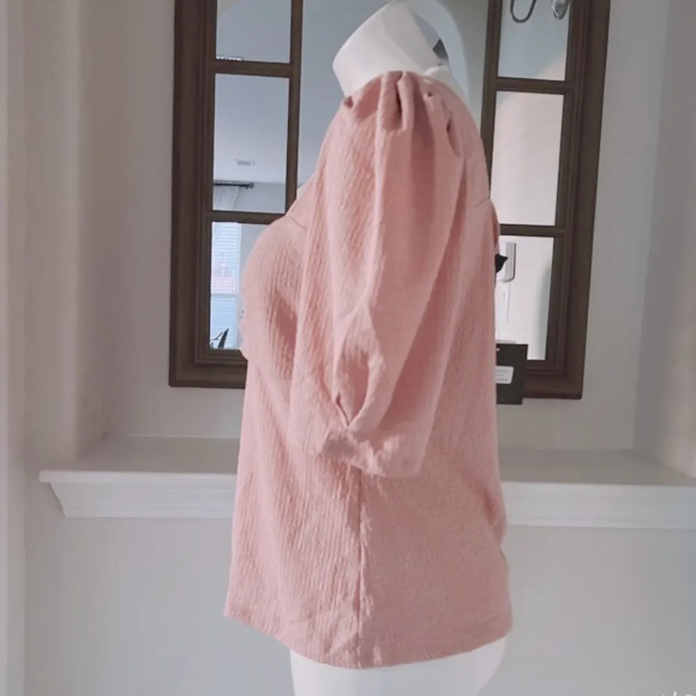 Andrew Marc Pink Puff Sleeve Ruched Sweetheart Neck Top Size L NWT - Image 2