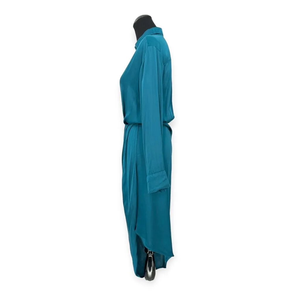 YFB | Medium | Deep Teal Asymmetric Hem Ruched Satin Faux Wrap AIMEE Shirt Dress - Image 7
