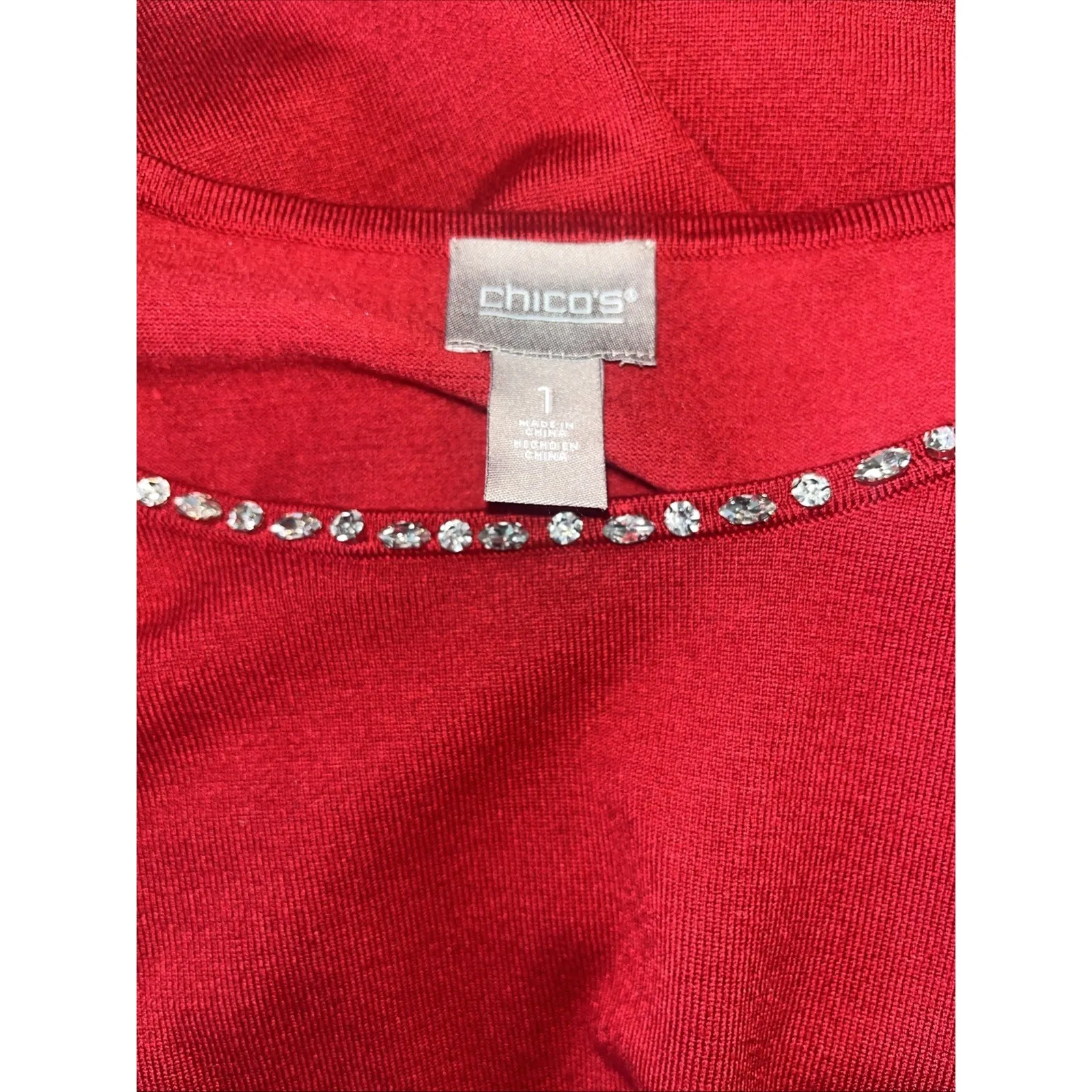 Chico's Red Cold Shoulder Rhinestone Holiday Contemporary Sweater Size 1/Medium - Image 9