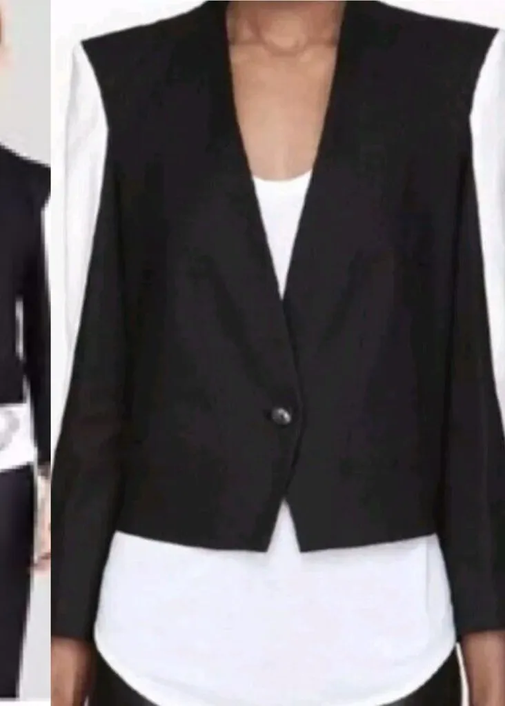 Helmut Lang Black & White Semi Cropped Structured Blazer Linen Blend 4 Designer - Image 1