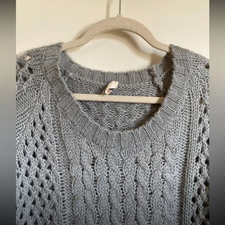 POL Gray Open Cable Knit with Lace Hem Longline Sweater - Image 5