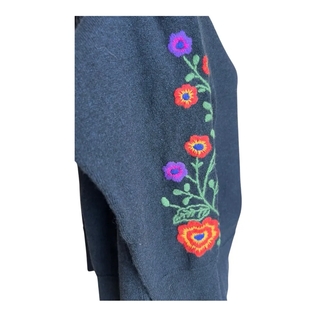Autumn Cashmere Spring Flowers Embroidered Crew Neck Navy Sweater Size L - Image 6