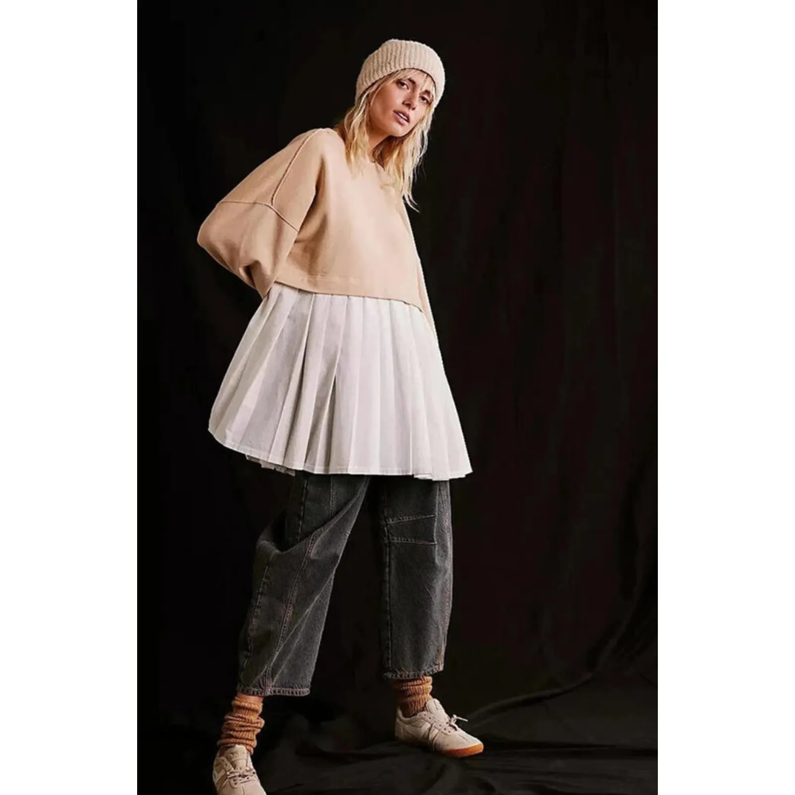 Free People Sweatshirt Dress Top L Cream White Pleated Skirt Layered Oversized - Image 10