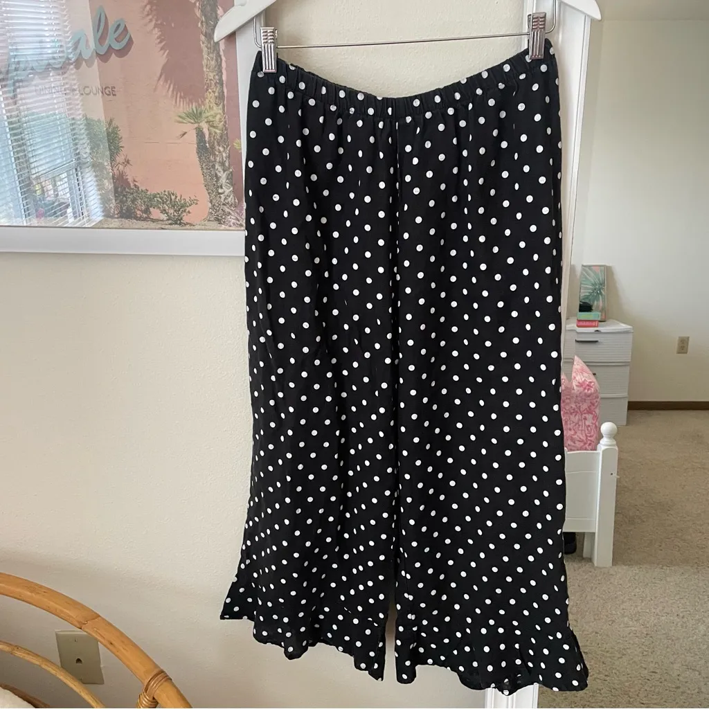 Flax 100% Linen Bedskirt Ruffle Hem Polka Dot Cropped Wide Leg Pants in Small - Image 2