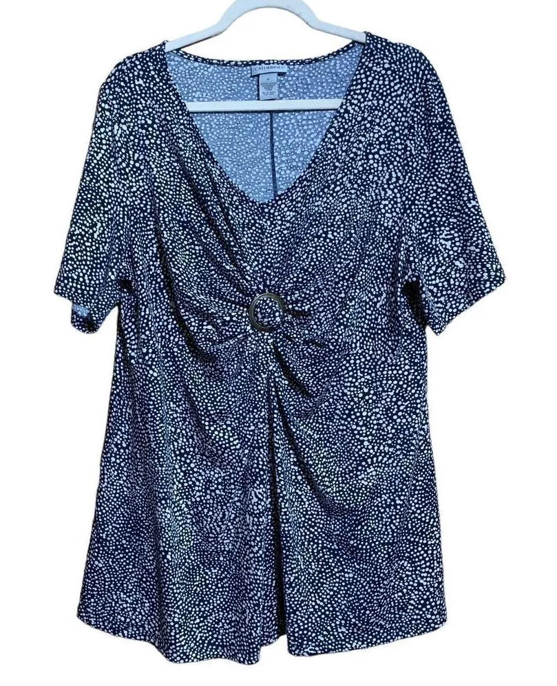 Catherines Womens Plus Size 1X Multicolor Polka Dot Cinched Scoop Neck Blouse - Image 1