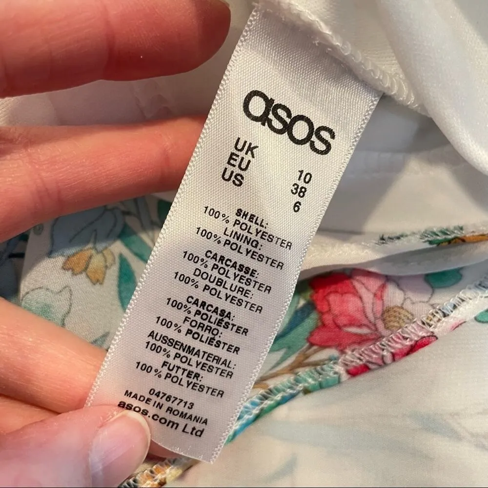 ASOS White Floral Print Knee Length Lace Shoulder Dress Womens 6 Tropical Vaca - Image 8