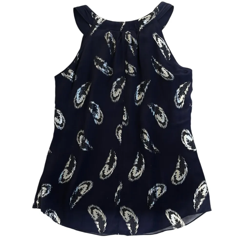 NWT White House Black Market Skyfall Feather Silk Blend Top Navy Silver Medium - Image 9