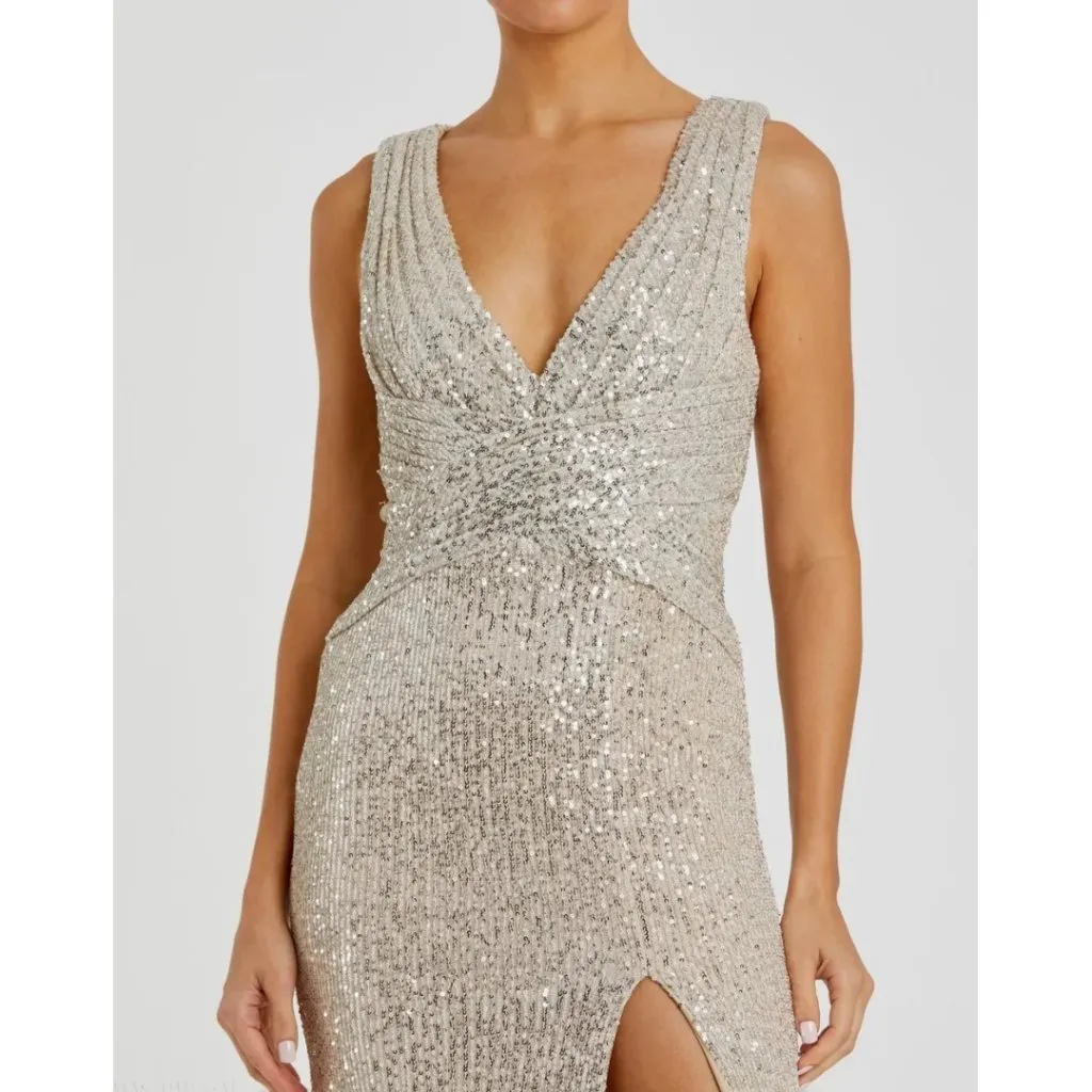 NWT Mac Duggal 26598 Nude Silver Sequin Wrap Waist Gown V Neck Slit Size 6 - Image 6