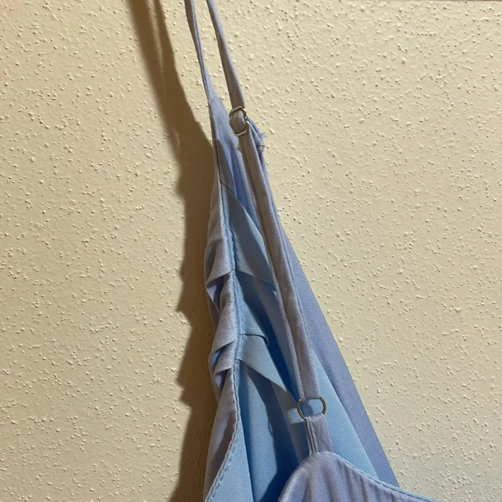 Hello Molly Fuel To My Fire Faux Wrap Midi Dress in Steel Blue Satin Size 8 - Image 14