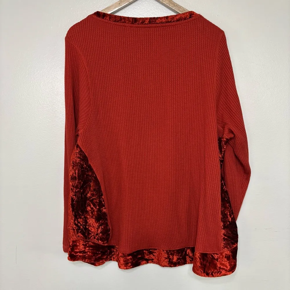 Soft Surroundings Women's Red Orange Velvet Trim Waffle Knit Pull Over Top 2X - Image 5