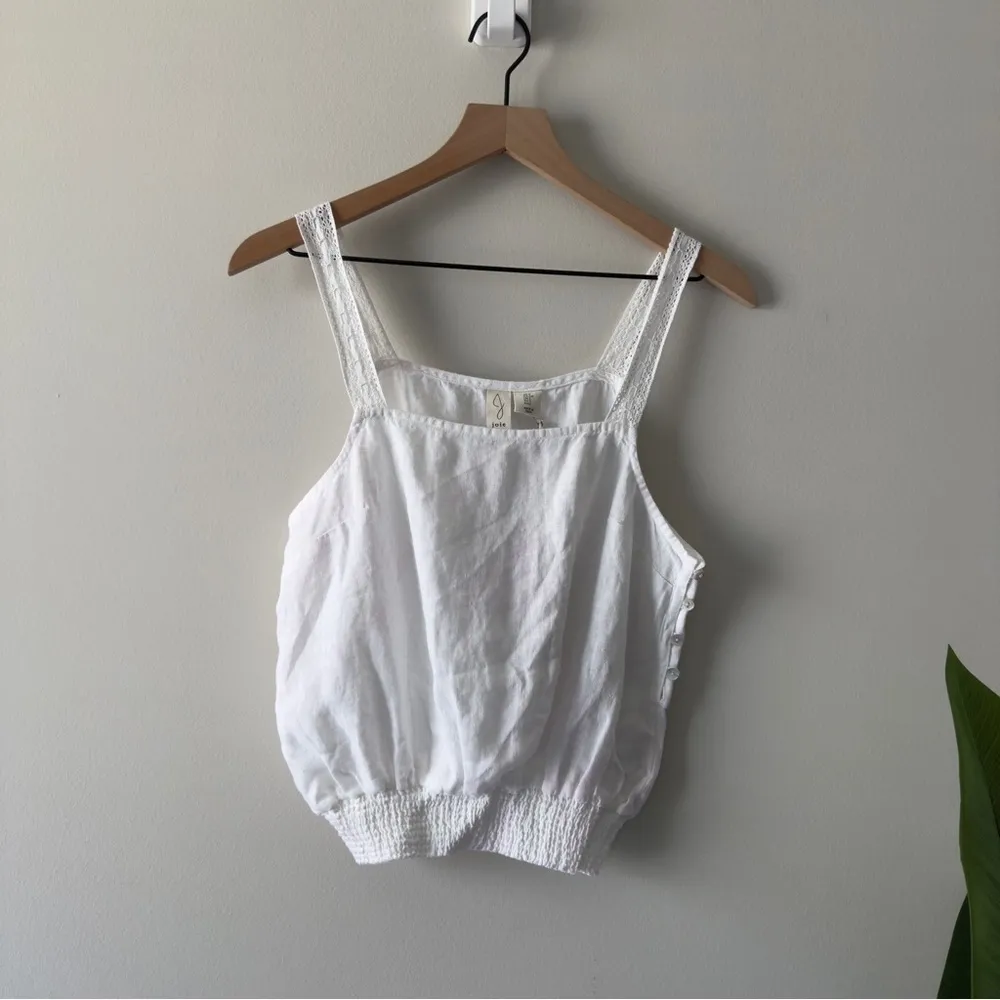 Joie 100% Linen White Smocked Waist Tank Top Sleeveless lace straps button side - Image 16