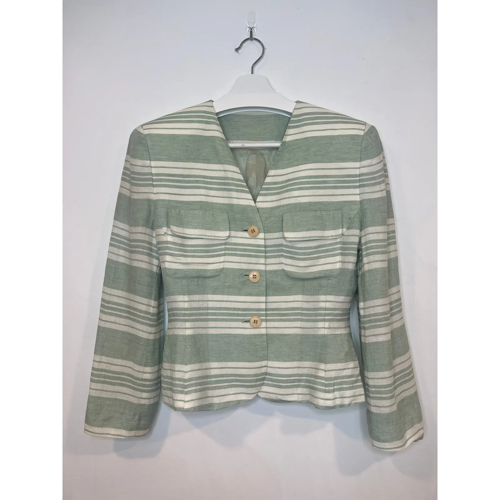 Vintage Women’s French Style Elegant Striped Linen Blazer Spring Summer Small - Image 6
